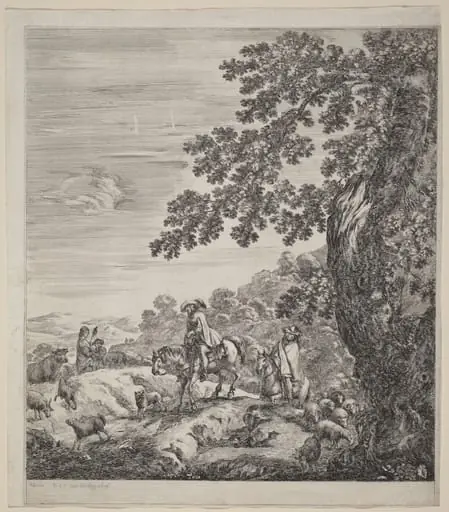 Two Riders Passing Near a Herd of Animals, by Stefano Della Bella, ink, 1656