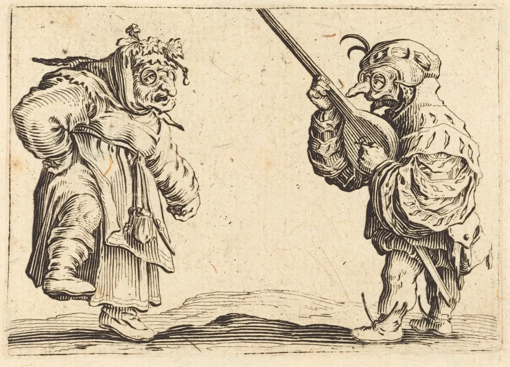 Dancers with Lute, by Jacques Callot, ink, 1622