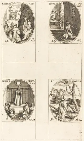 St. Mederic, Abbot; Beheading of John the Baptist; St. Fiacre; Festival of the Belt of the Virgin, by Jacques Callot, ink, 1634