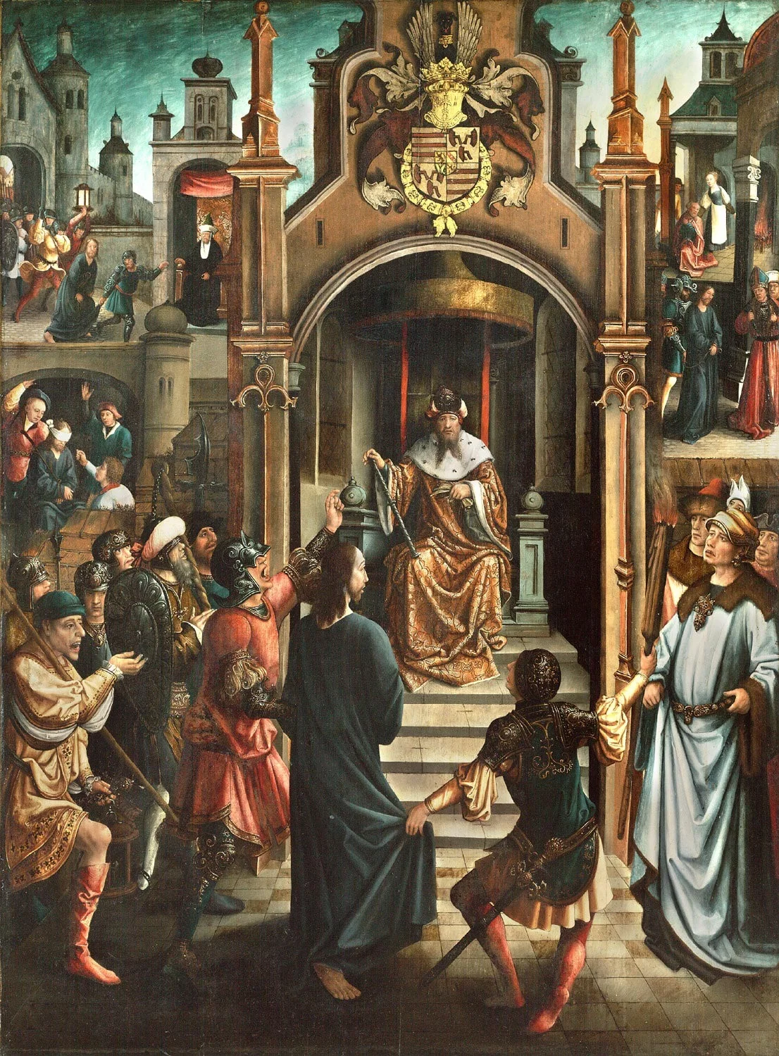 Christ before Pilate, with Christ Led to Annas, the Mocking of Christ, the Denial by Peter, and Christ before Caiaphas, detail