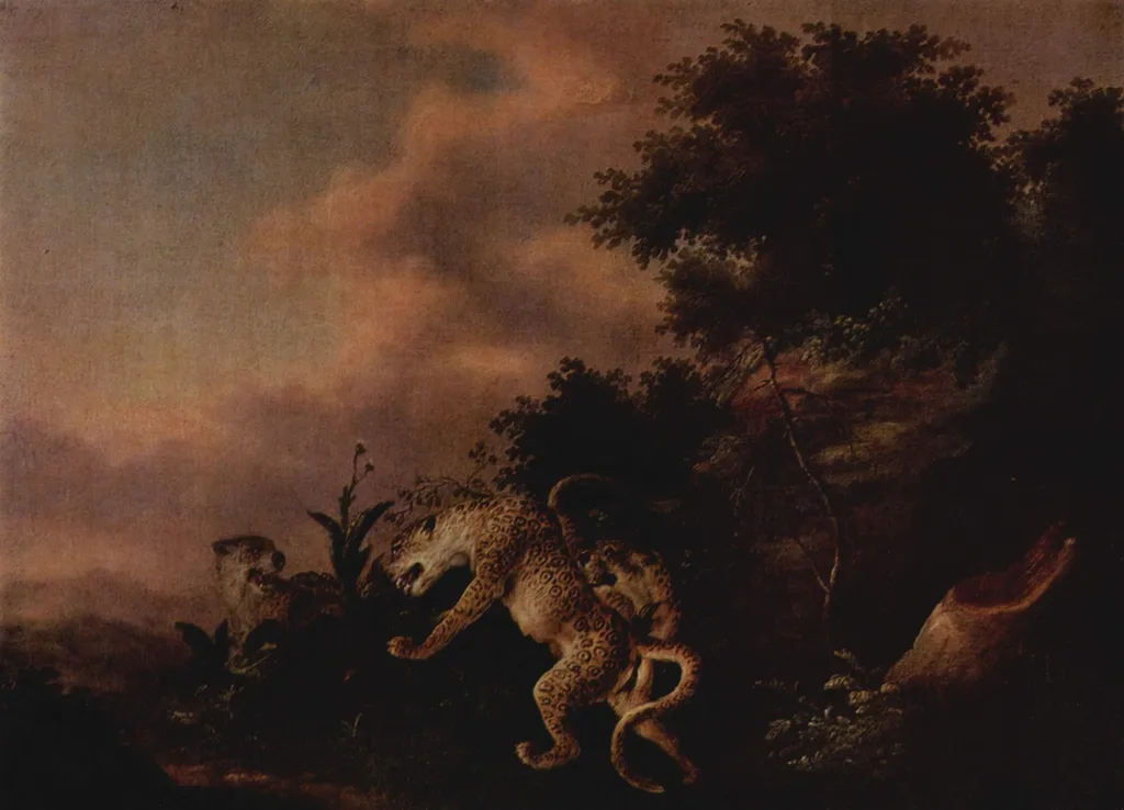 Leopards Attacking a Wild Boar, by Wenzel Ignaz Brasch, oil, 1750