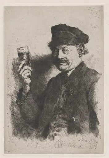 The Drinker (Portrait of Wirts Rauecker), by Wilhelm Leibl, ink, 1874