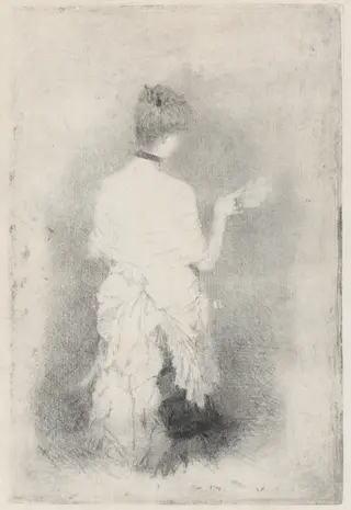 Elegant Young Woman Seen from Behind, by Giuseppe De Nittis, ink, 1875