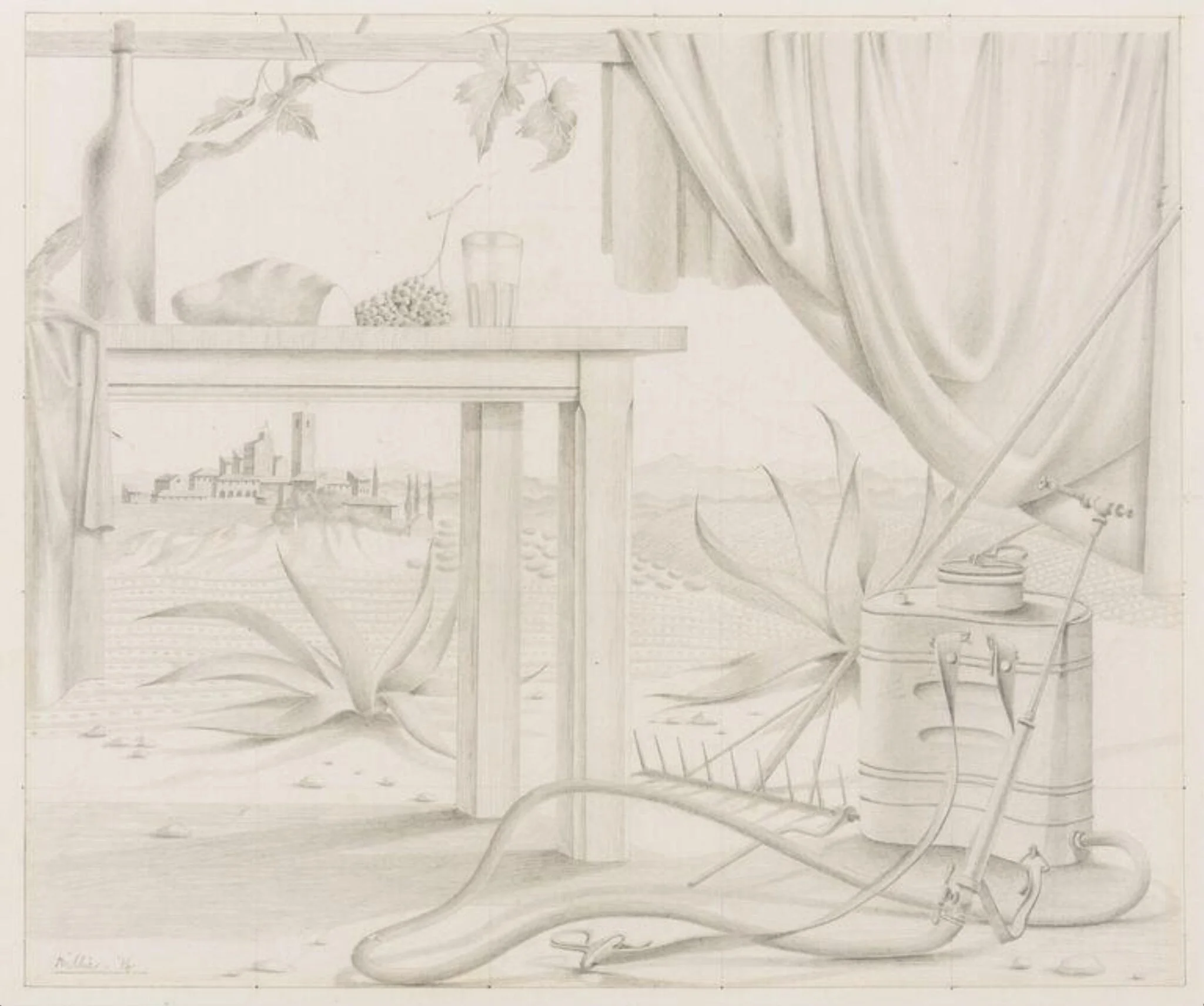 Landscape and still life with table, vine-sprayer and rake, detail