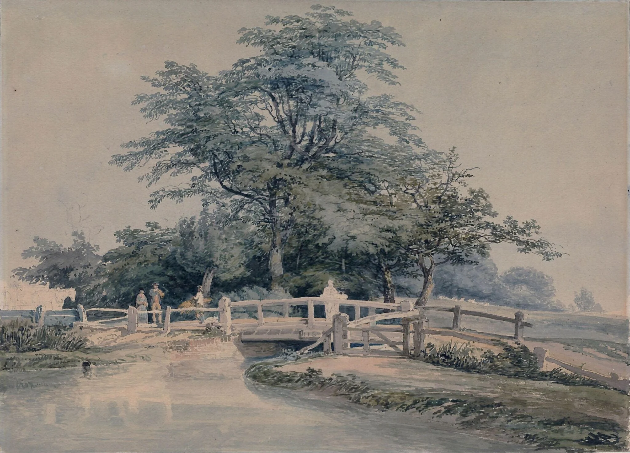 Landscape with trees, figures, bridge and stream, detail