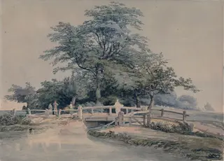 Landscape with trees, figures, bridge and stream, by Joseph Mallord William Turner, watercolor, 1850