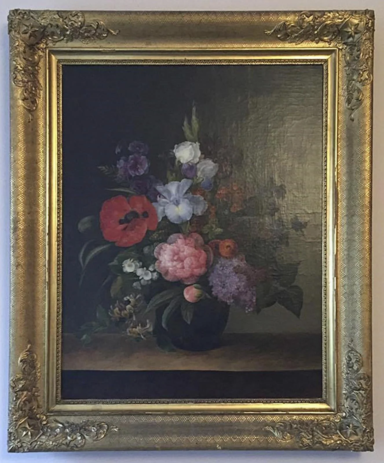 Blomsterbuket med valmue, syren og kaprifolium, detail