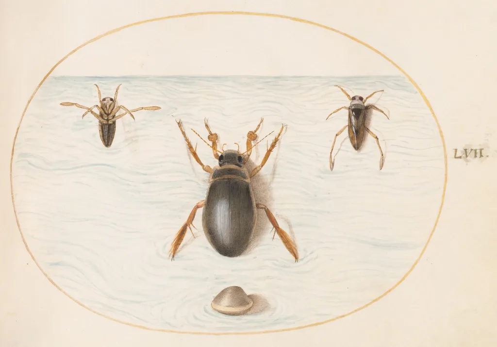 Plate 57: A Diving Beetle and Two Views of a Backswimmer, by Joris Hoefnagel, gouache, 1594