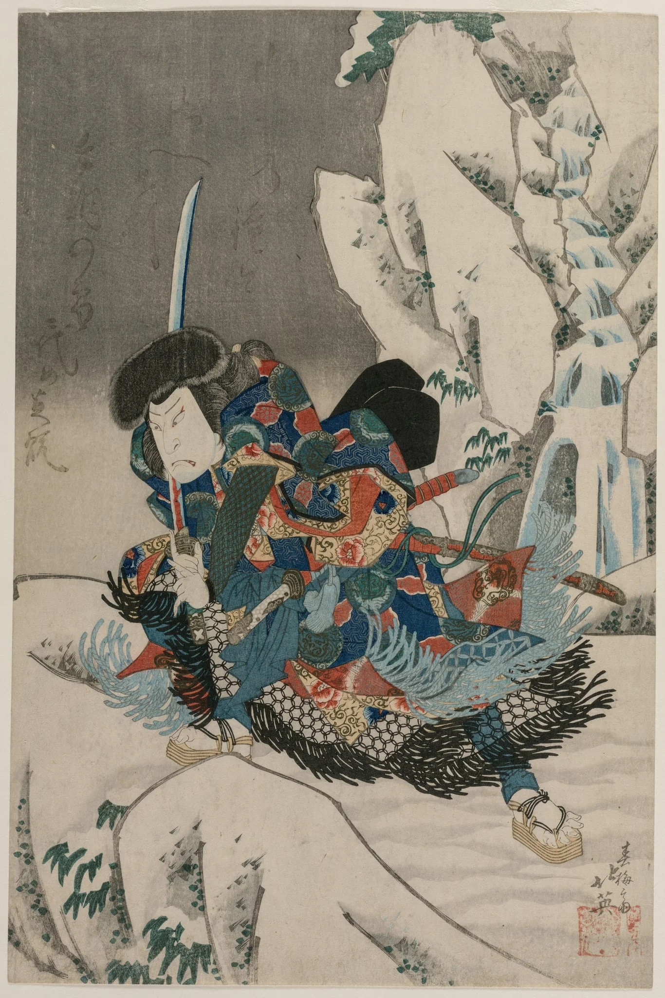 Nakamura Utaemon IV as a Warrior Standing in the Snow, detail