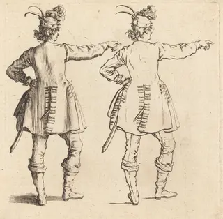 Officer with Feathers in Cap, Seen from Behind, by Jacques Callot, ink, 1622