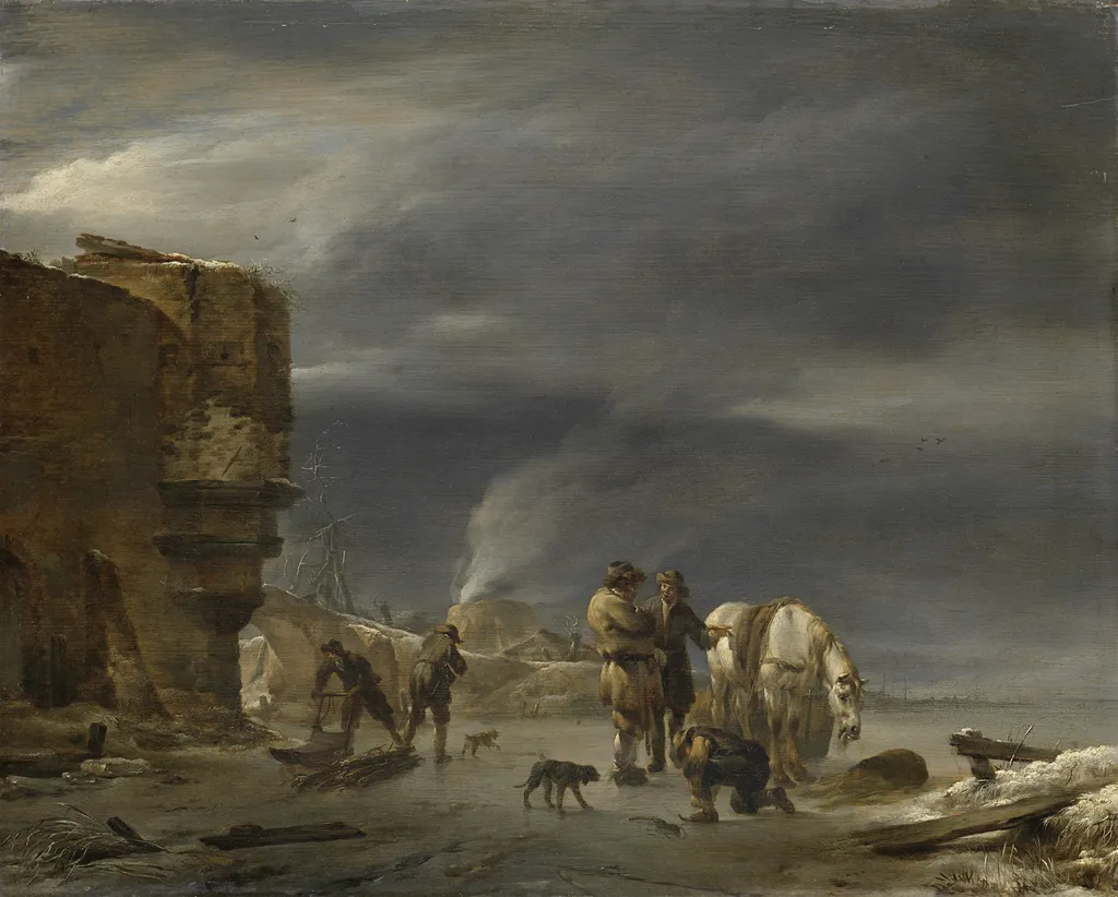 On the ice near a town, by Nicolaes Pieterszoon Berchem, oil, 1647