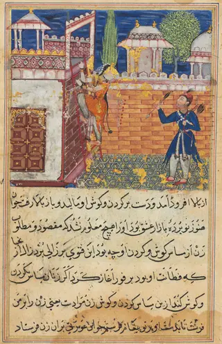 The deceitful wife returns to her terrace after caressing her lover, from a Tuti-nama (Tales of a Parrot): Eighth Night, by Shravana, unspecified, 1560