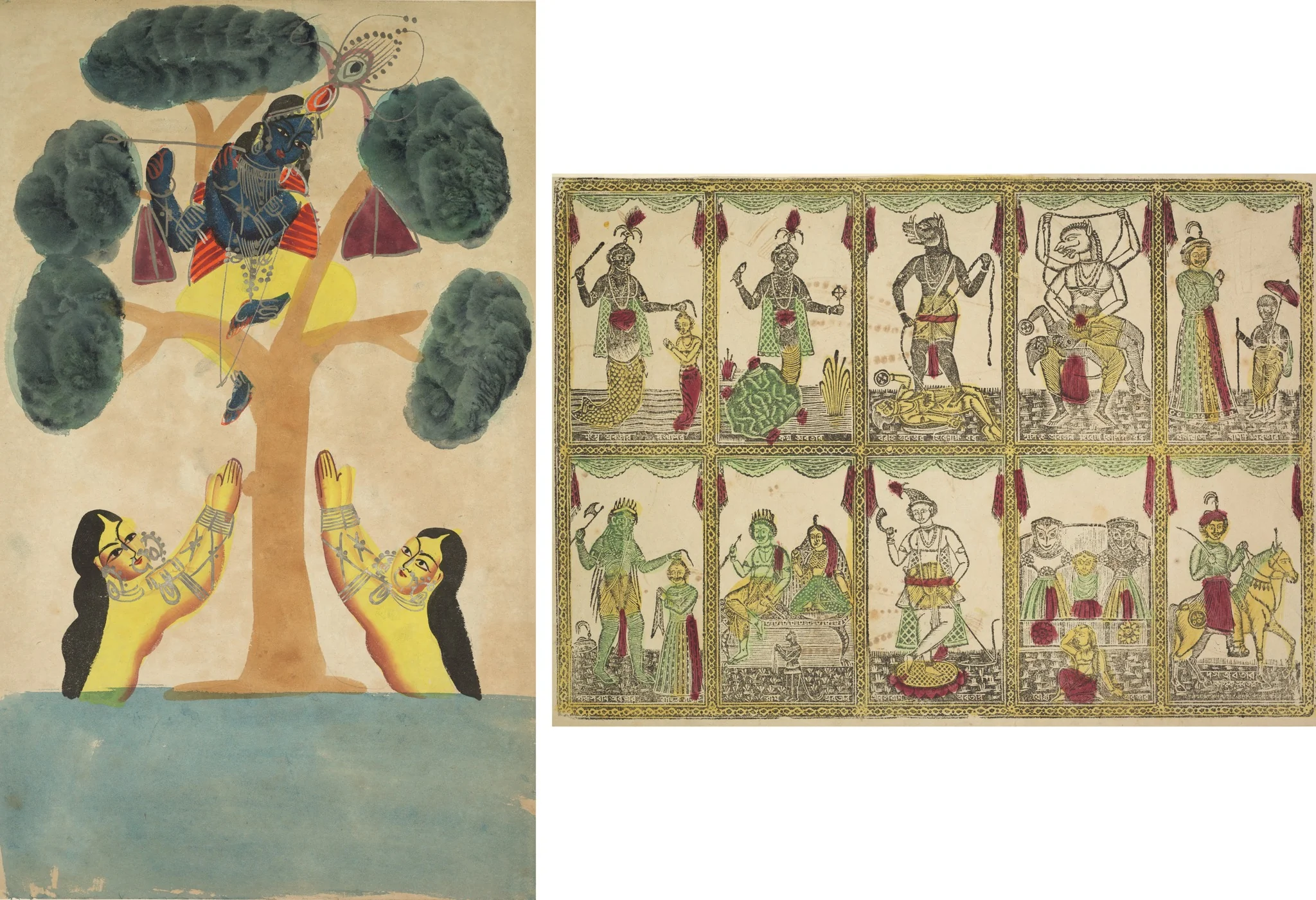 Leaf from a Kalighat album: Krishna Steals the Clothes of the Cowgirls (Gopis) (recto); Das Avataras, Ten Incarnations of Vishnu (verso), detail