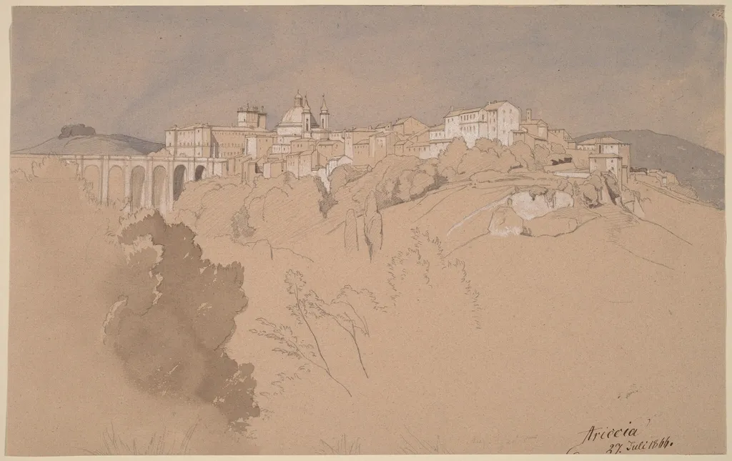 Ariccia Seen from across a Valley, by August Christian Geist, graphite, 1866