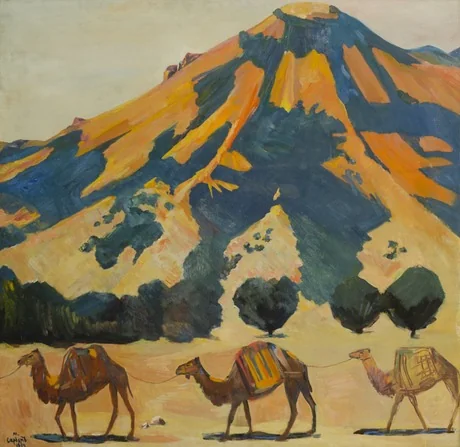 Mountain and passing camels, detail
