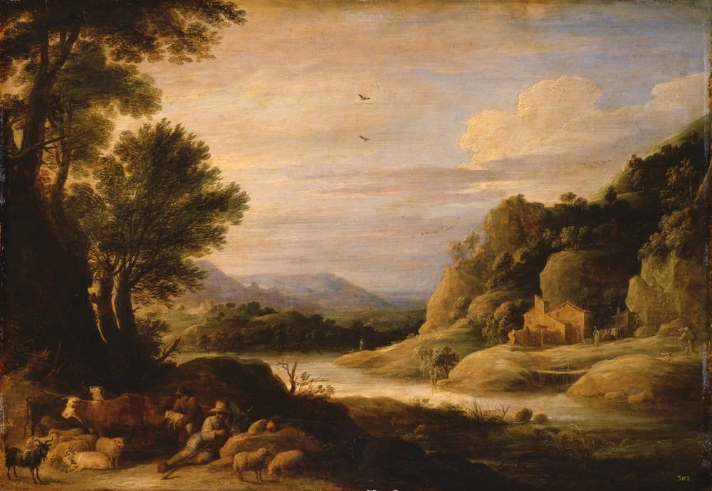 River landscape with resting shepherds and herds, detail
