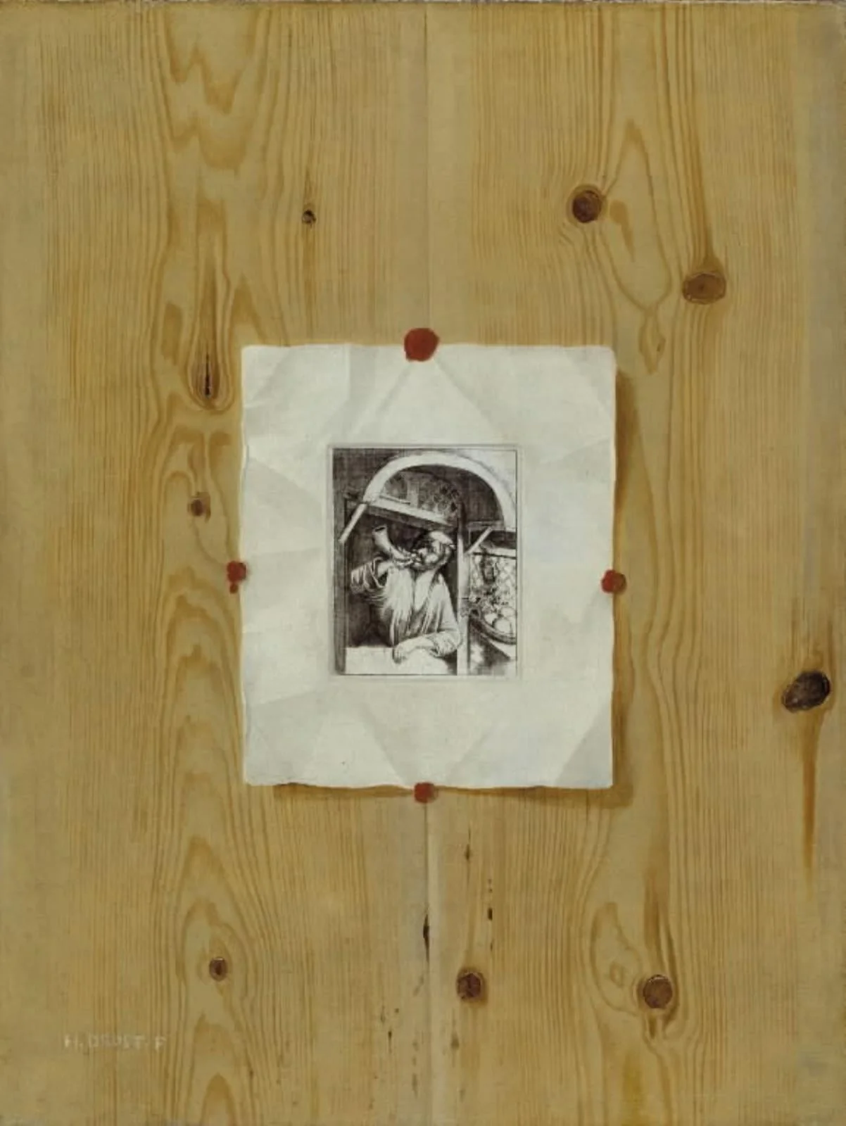 Trompe l'Oeil. Board with an Etching of a Baker Sounding his Horn, detail