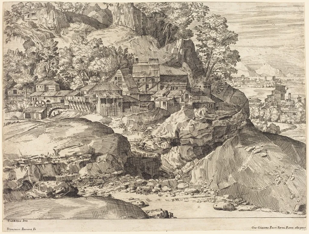 Landscape with a Mill, by Dominique Barrière, ink, 1650