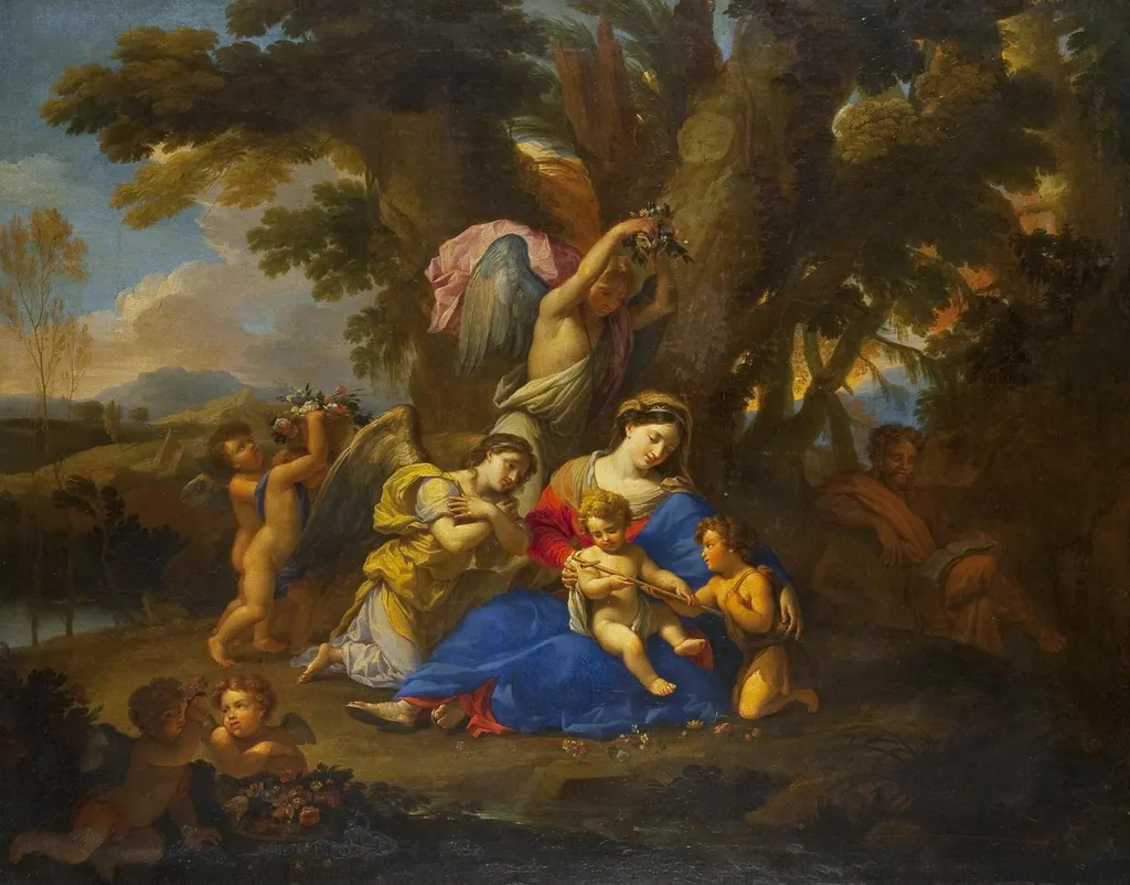 Madonna and Christ Child, with St John the Baptist and Angels, by Jacques Stella, oil, 1650