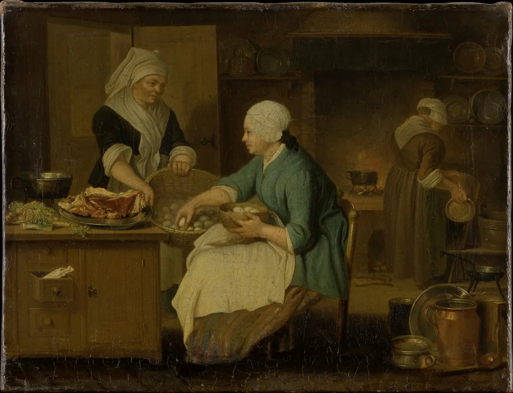 Kitchen Interior with Three Women, by Justus Juncker, oil, 1745