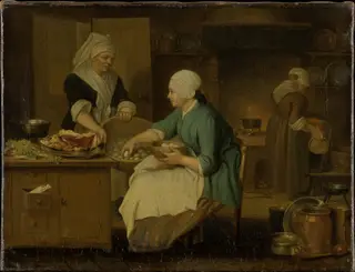 Kitchen Interior with Three Women, by Justus Juncker, oil, 1745