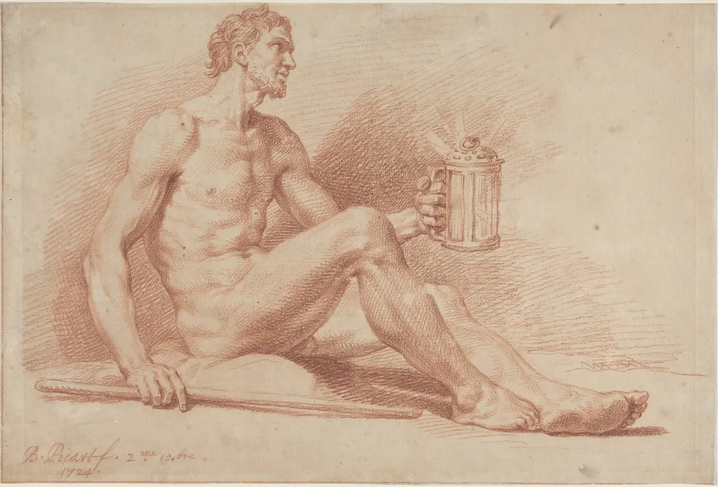 Male Nude with a Lamp (Diogenes), by Bernard Picart, chalk, 1724
