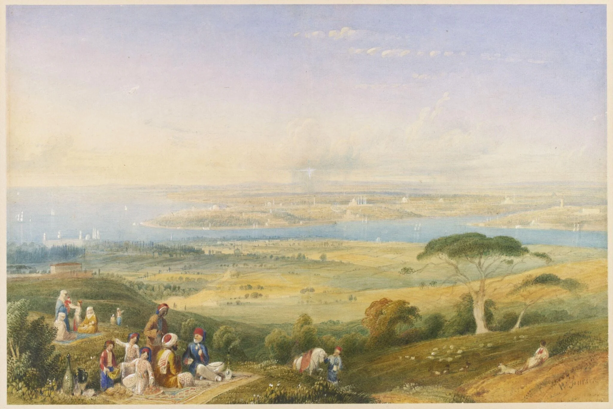 Turks picnicing in fields outside Scutari with a view of Constantinople in the distance, detail