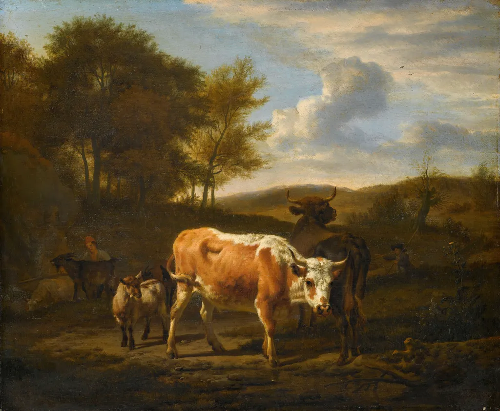 Mountainous landscape with cattle, by Adriaen van de Velde, oil, 1663