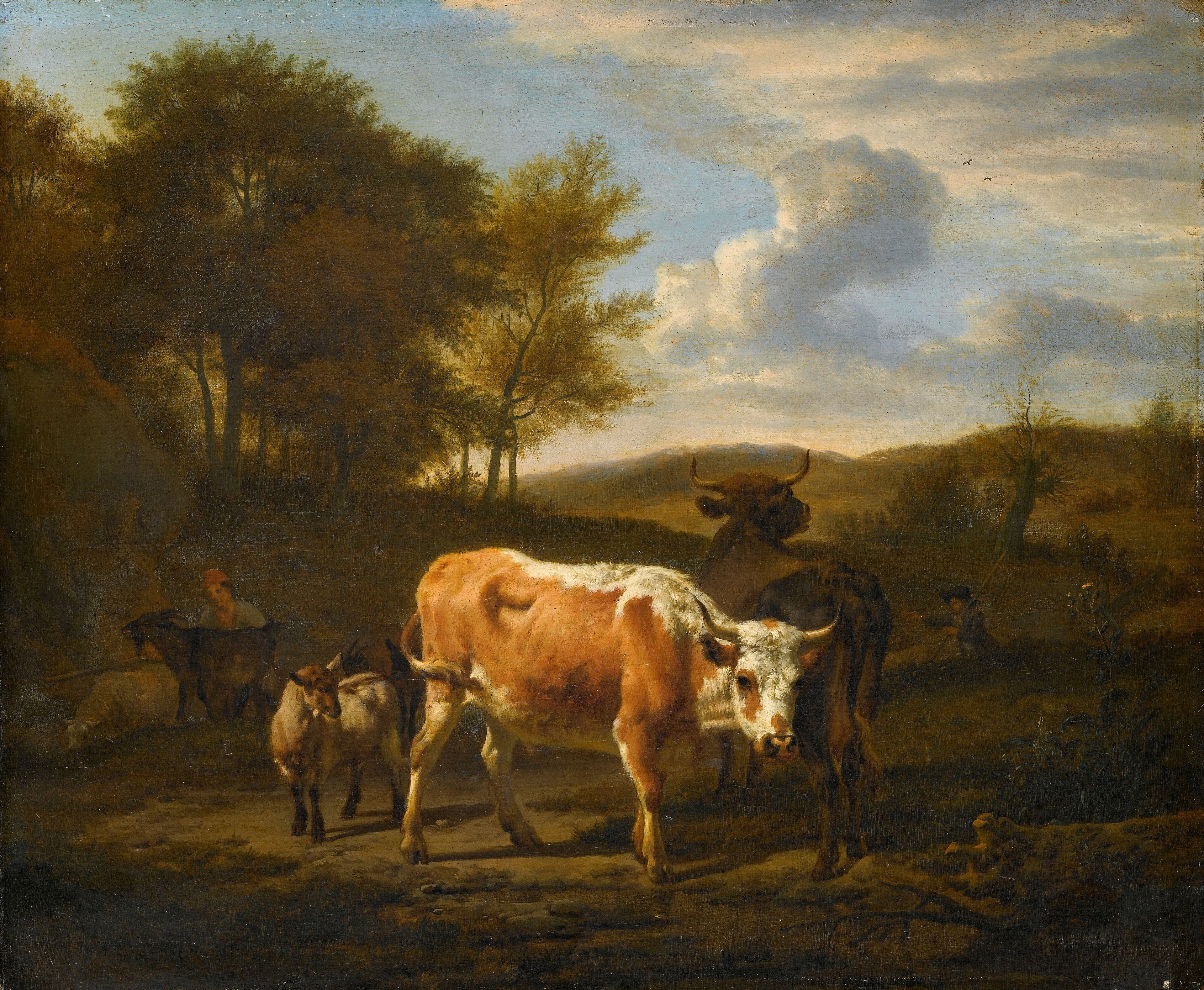 Mountainous landscape with cattle, detail