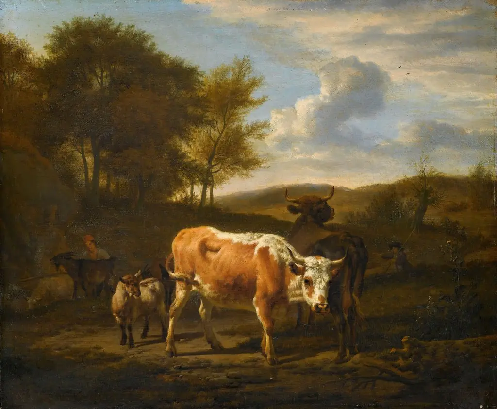 Mountainous landscape with cattle, by Adriaen van de Velde, oil, 1663