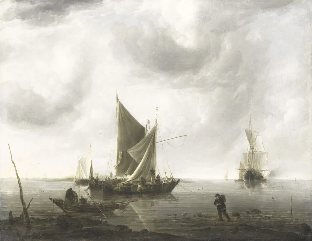 Ships at anchor on a quiet sea, by Jan van de Cappelle, oil, 1650