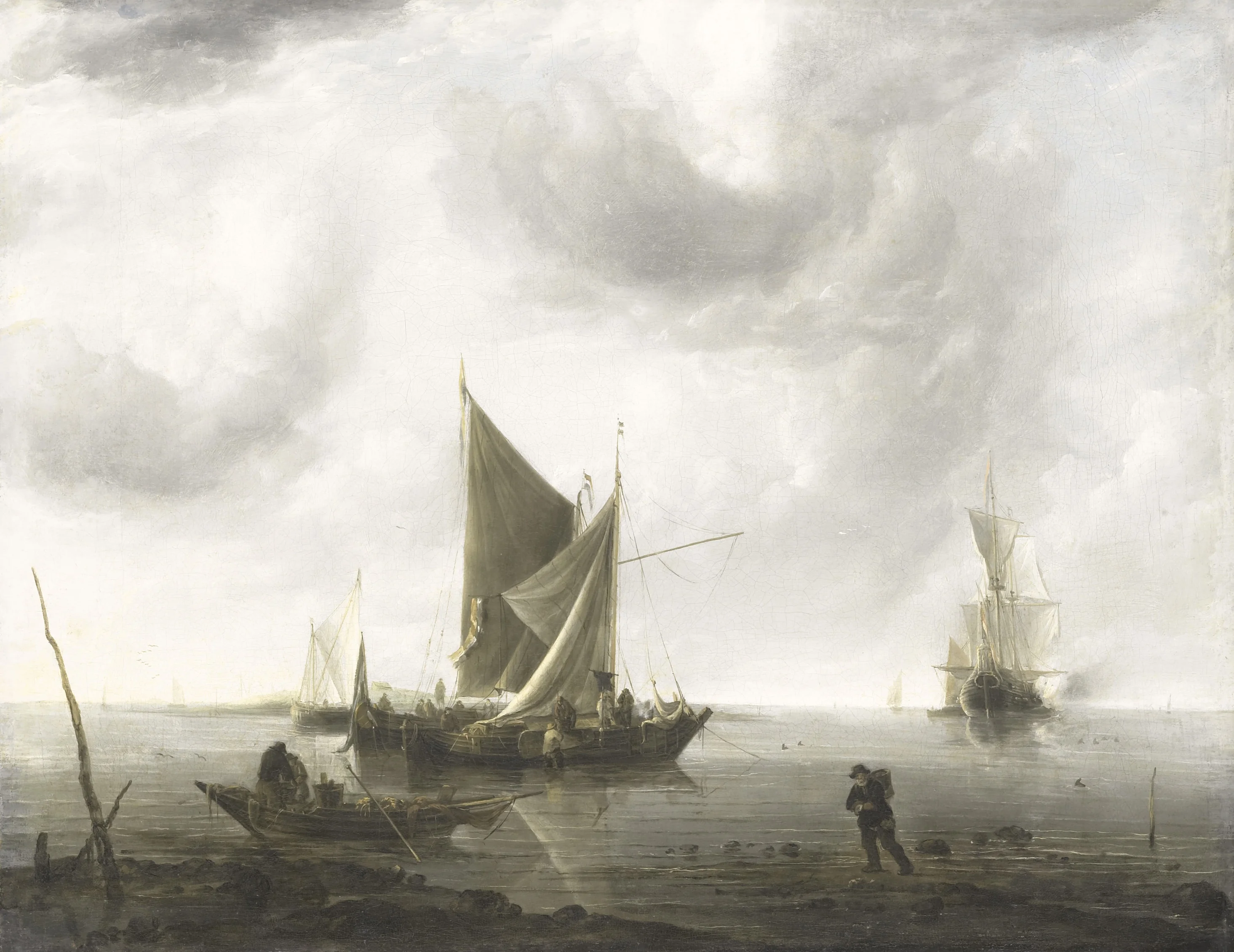 Ships at anchor on a quiet sea, detail