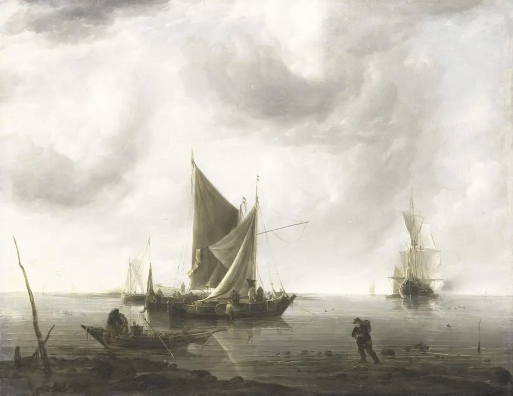 Ships at anchor on a quiet sea, by Jan van de Cappelle, oil, 1650