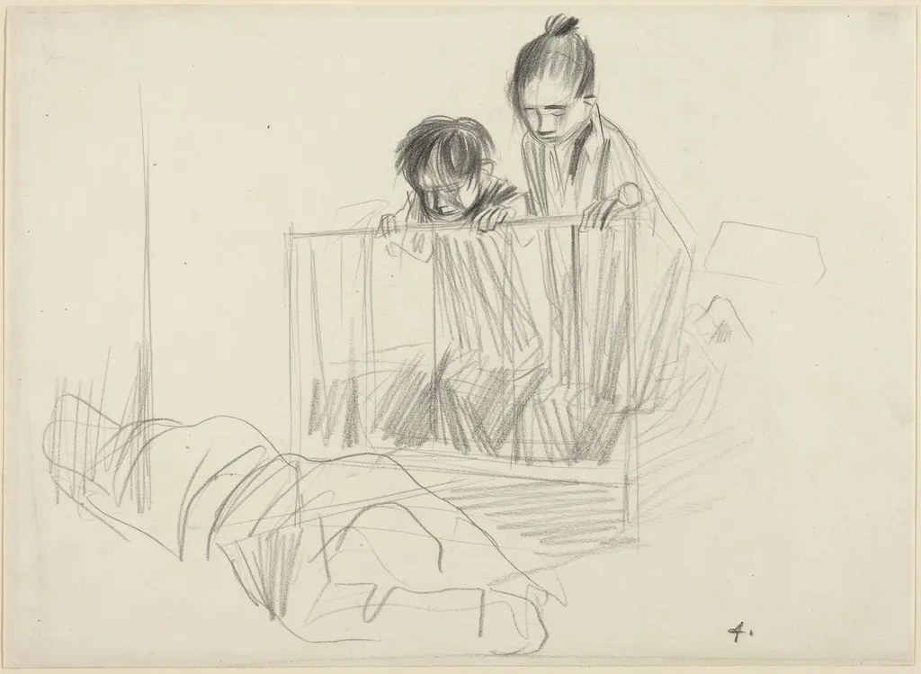 Children Looking over the Edge of a Crib, by Jean-Louis Forain, crayon, 1892