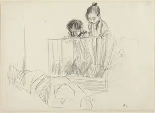 Children Looking over the Edge of a Crib, by Jean-Louis Forain, crayon, 1892