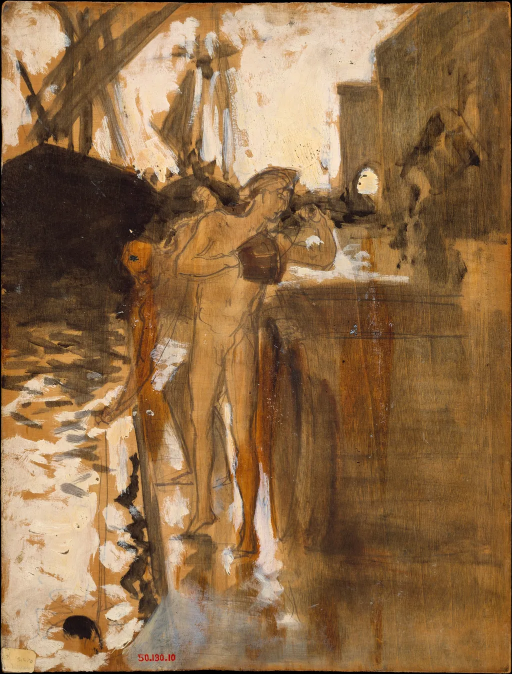 The Balcony, Spain [and] Two Nude Bathers Standing on a Wharf, by John Singer Sargent, oil, 1890