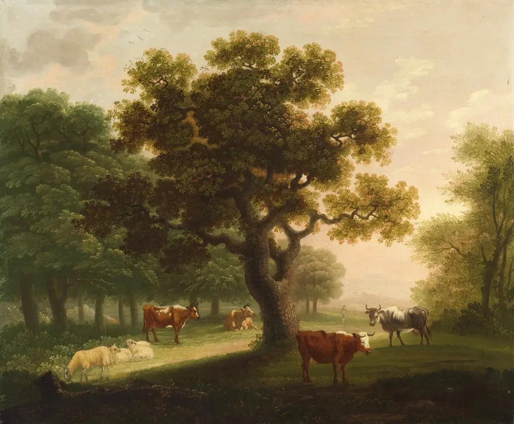 Landscape with Cattle, Sheep and Distant Figure, by Herbert Pugh, oil, 1759