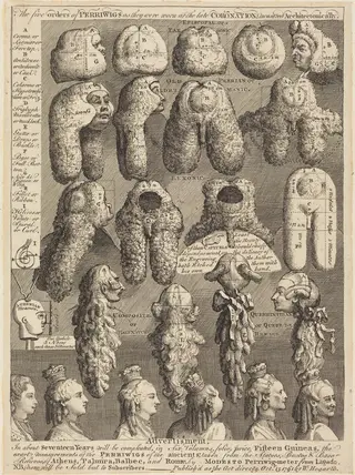 The Five Orders of Perriwigs as They Were Worn at the Late Coronation, Measured Architectonically, by William Hogarth, ink, 1761