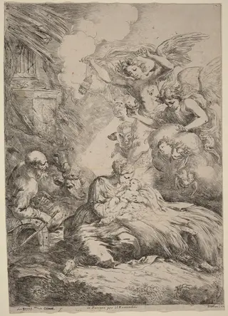The Holy Family Adored by Angels (The Large Nativity), by Bartolomeo Biscaino, ink, 1644