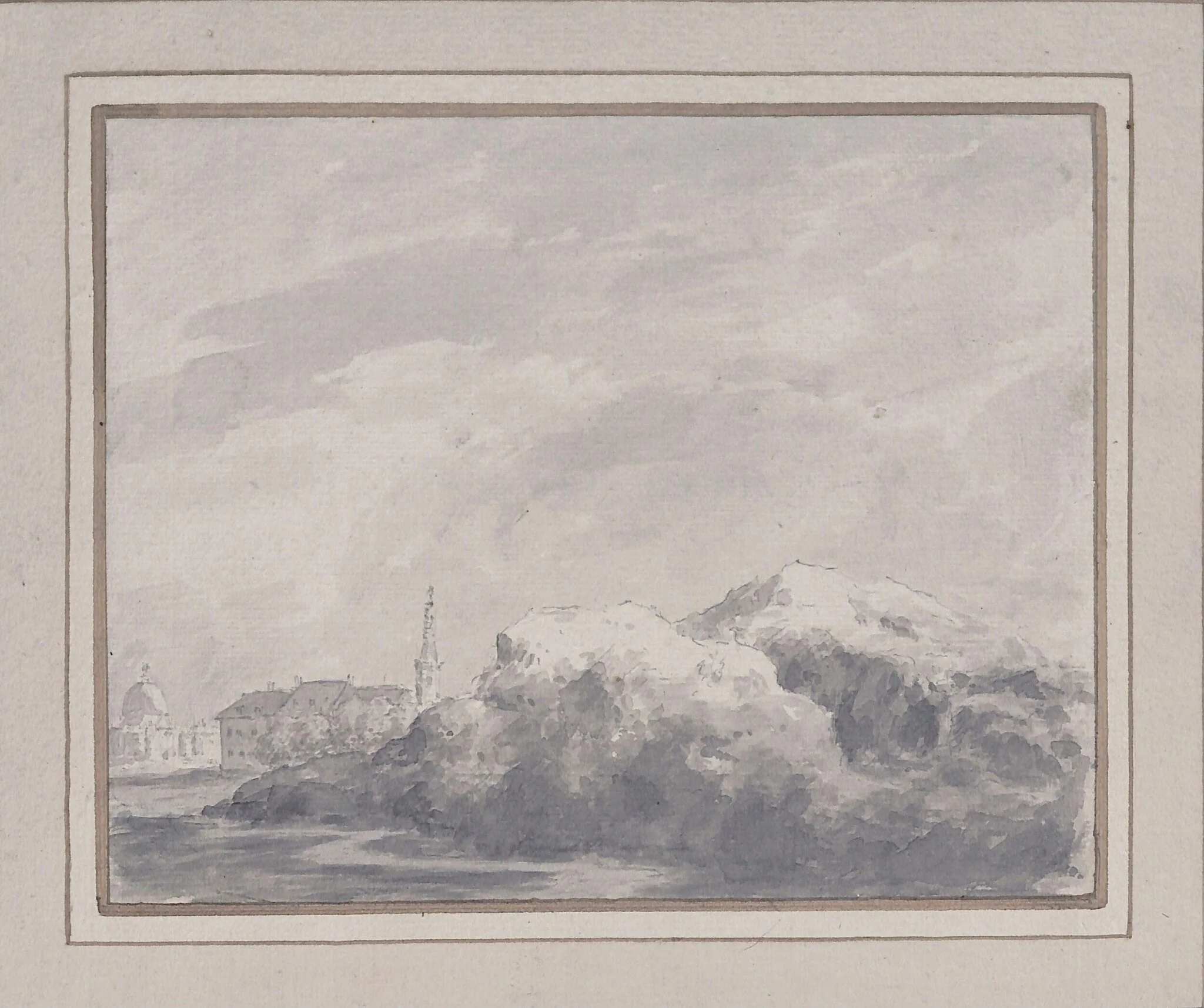 Rocks with distant village, detail
