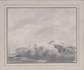 Rocks with distant village, by Robert Price, 1745