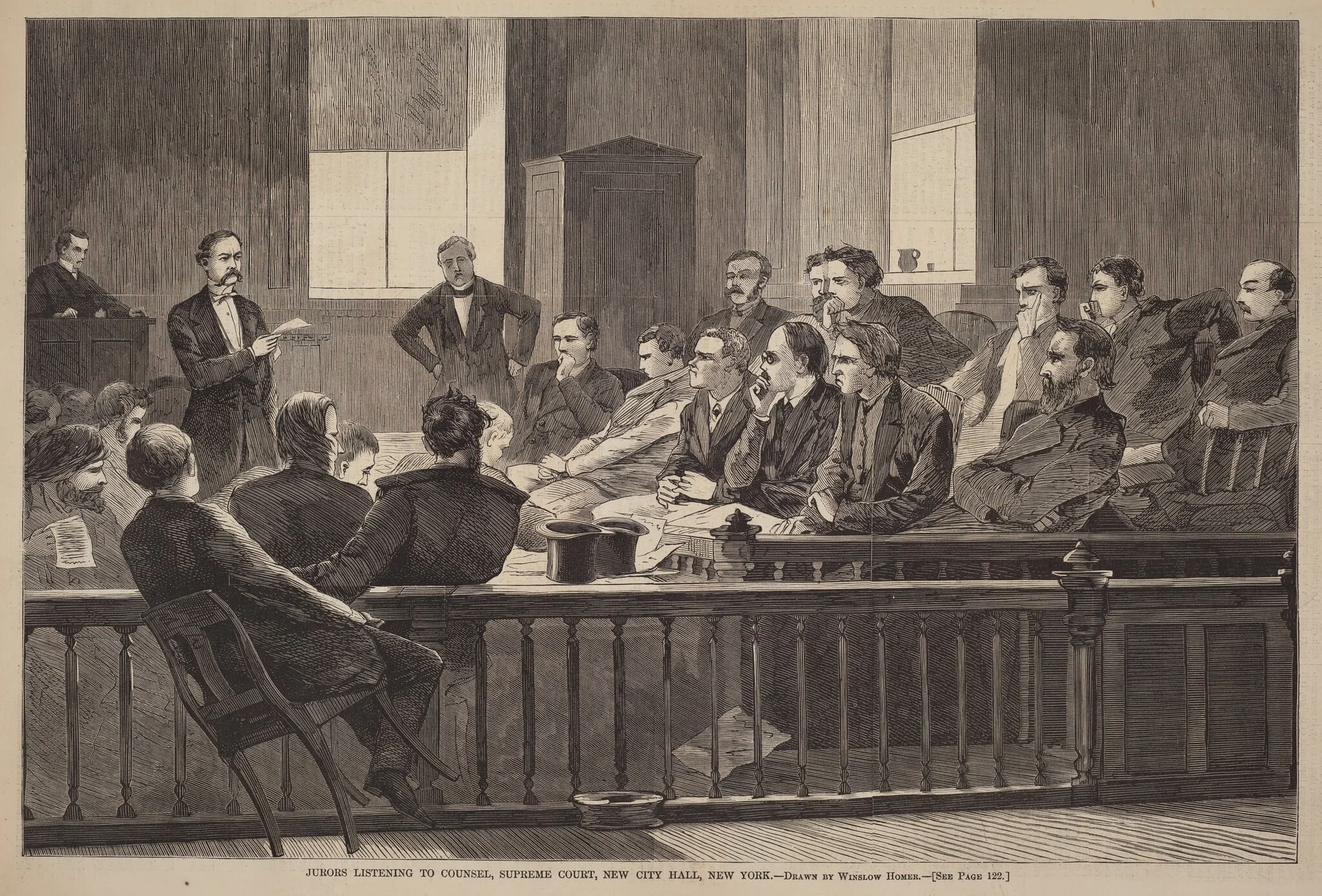 Jurors Listening to Counsel, Supreme Court, New City Hall, New York, detail