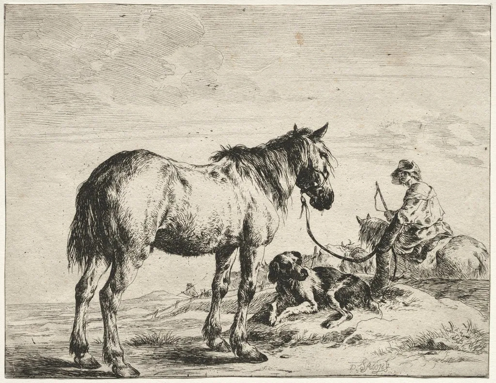 Horse bound to a post, by Dirk Stoop, 1659
