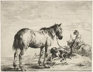 Horse bound to a post, by Dirk Stoop, 1659