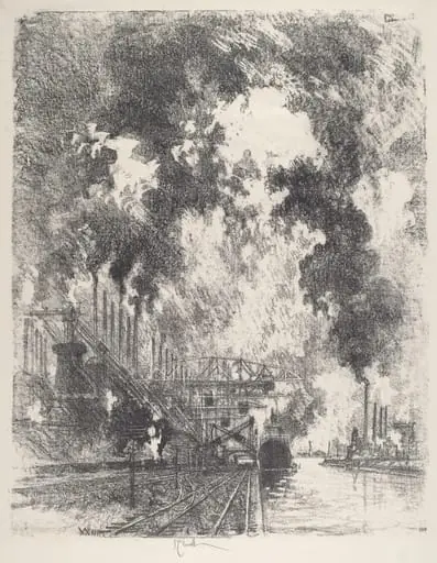 Unloading Ore, by Joseph Pennell, ink, 1917