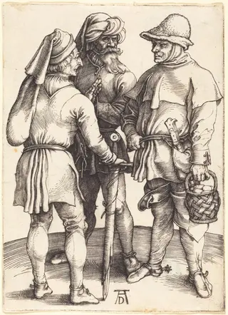 Three Peasants in Conversation, by Albrecht Dürer, ink, 1497