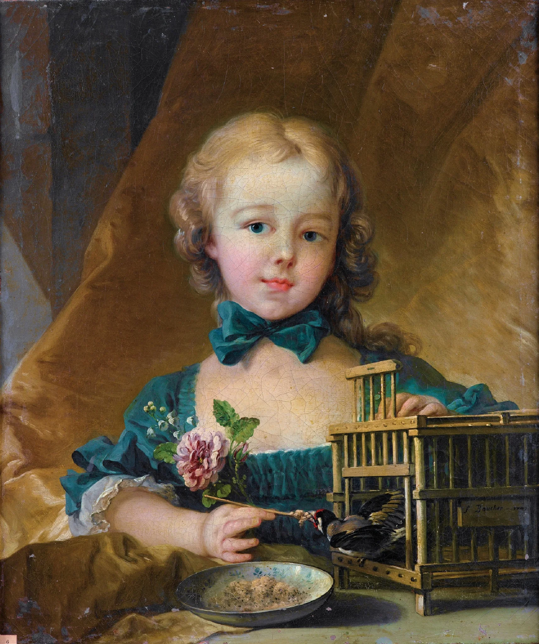 Portrait of Alexandrine Le Normant d'Étiolles, playing with a Goldfinch, detail