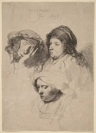 Three Heads of Women, One Asleep, by Rembrandt van Rijn, ink, 1637