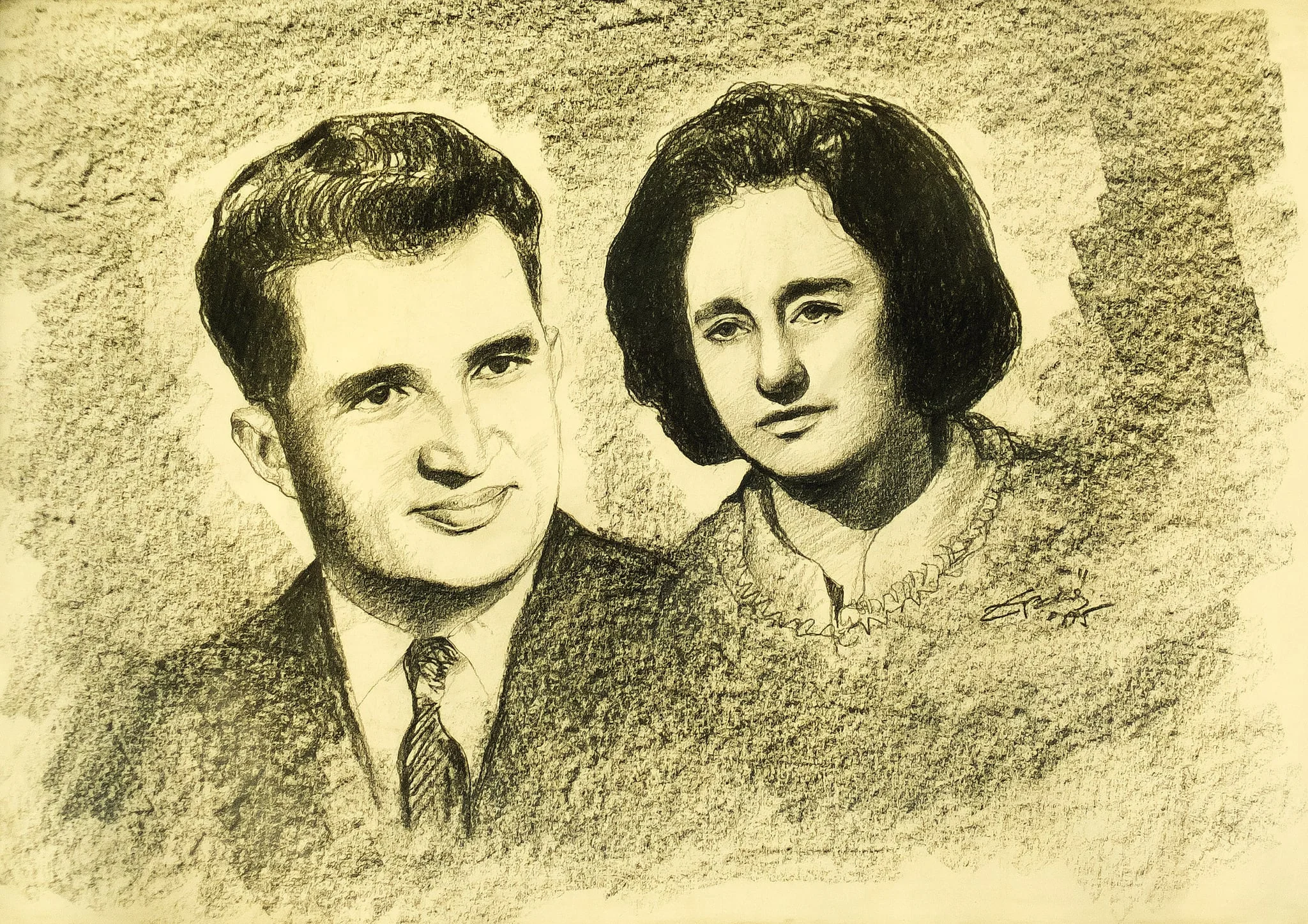 Tablou, desen în cărbune, ”Nicolae și Elena Ceaușescu”, semnat Erdoș și datat în partea dreaptă jos. Comandat și oferit de Comitetul Județean de Partid Satu Mare, 1975., detail