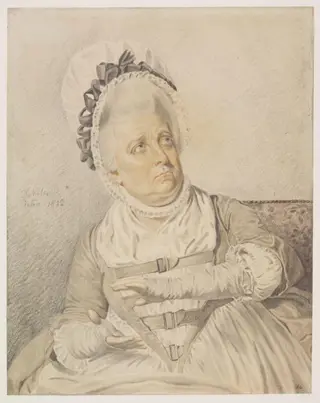 Mrs. Davenport as Dame Ashfield in Morton's 'Speed the Plough', by Samuel De Wilde, watercolor, 1802